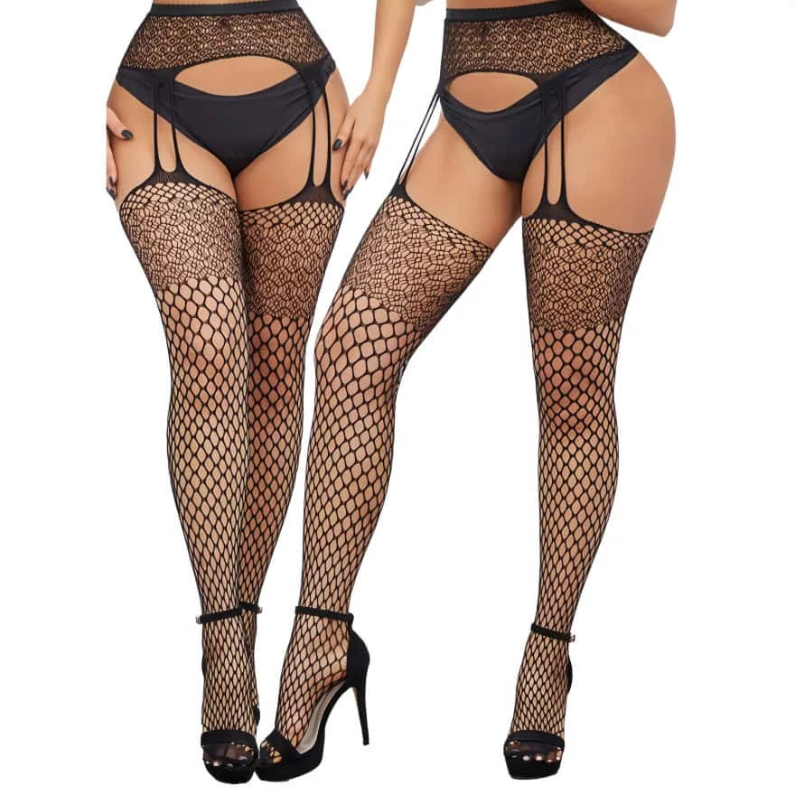 FREEAUCE Plus Size Women's Lace Floral Garter Belt Thigh High Pantyhose Stockings Over Knee Fishnets Mesh Socks Tights Leggings