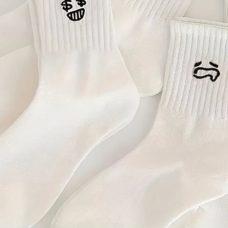 5 Pairs of White Emoji Socks with Fun Pattern Design, Suitable for Daily Casual and Formal Wear, Soft, Elastic, Solid Color
