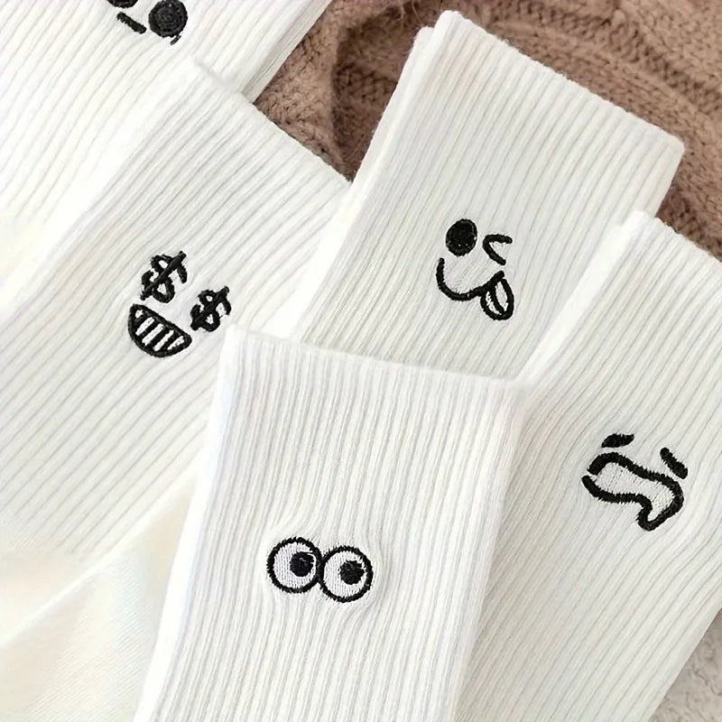 5 Pairs of White Emoji Socks with Fun Pattern Design, Suitable for Daily Casual and Formal Wear, Soft, Elastic, Solid Color