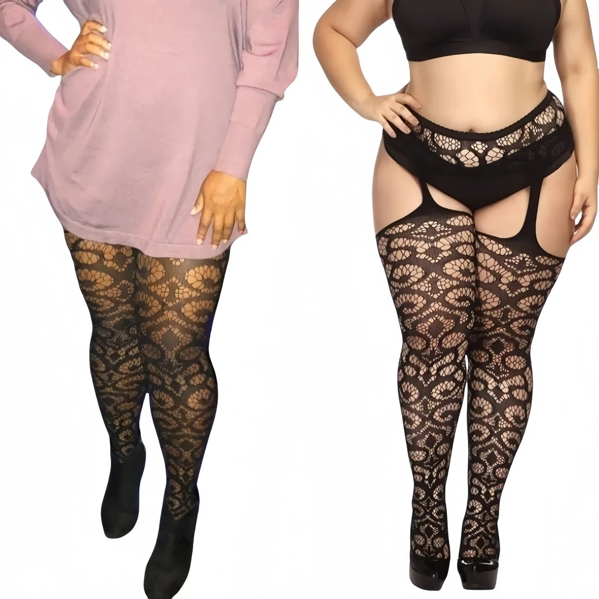 FREEAUCE Plus Size Women's Lace Floral Garter Belt Thigh High Pantyhose Stockings Over Knee Fishnets Mesh Socks Tights Leggings