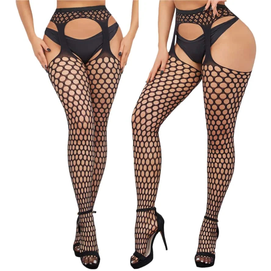 FREEAUCE Plus Size Women's Lace Floral Garter Belt Thigh High Pantyhose Stockings Over Knee Fishnets Mesh Socks Tights Leggings