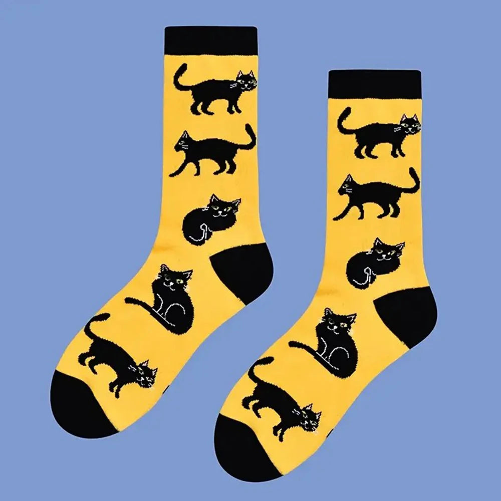 1/2 Pairs Cartoon Cat Pattern Men Cotton Mid Tube Socks Fashionable Printing Soft Comfortable Breathable Sports Leisure Socks