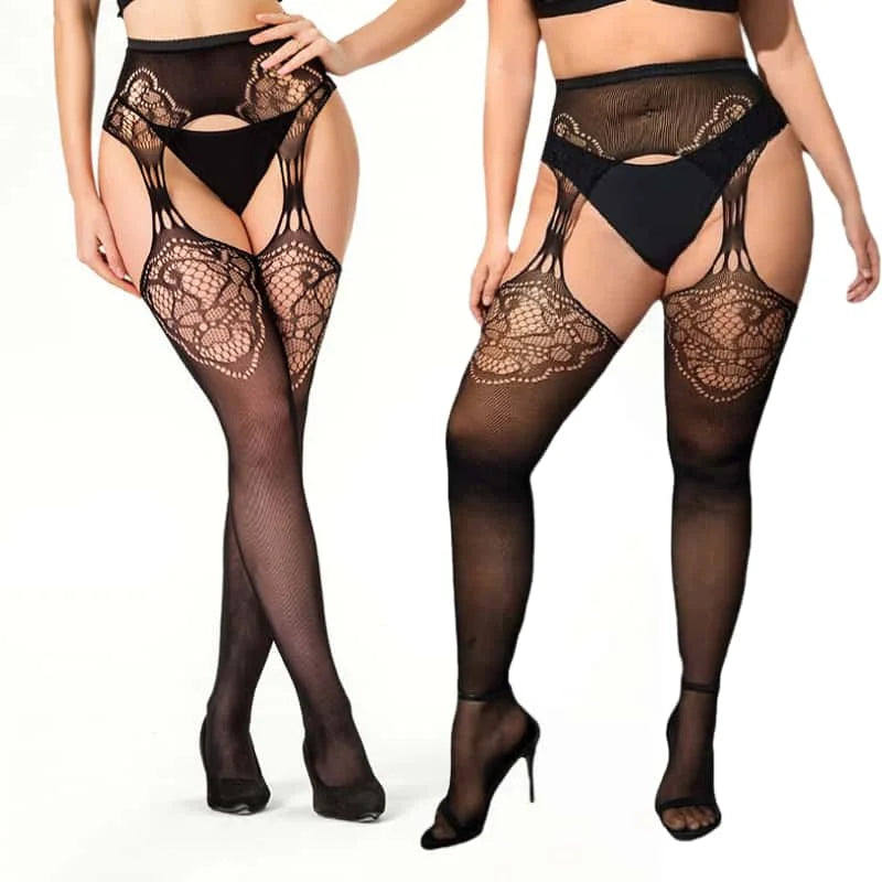 FREEAUCE Plus Size Women's Lace Floral Garter Belt Thigh High Pantyhose Stockings Over Knee Fishnets Mesh Socks Tights Leggings