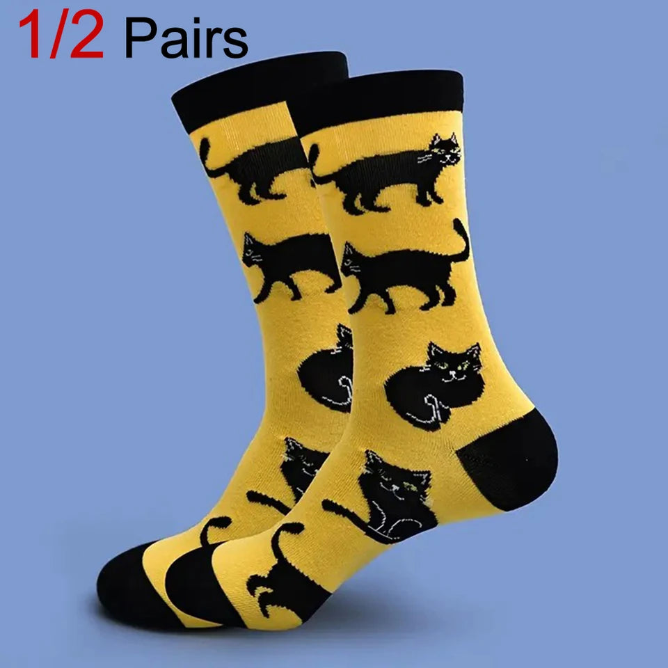 1/2 Pairs Cartoon Cat Pattern Men Cotton Mid Tube Socks Fashionable Printing Soft Comfortable Breathable Sports Leisure Socks