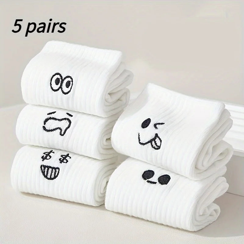 5 Pairs of White Emoji Socks with Fun Pattern Design, Suitable for Daily Casual and Formal Wear, Soft, Elastic, Solid Color