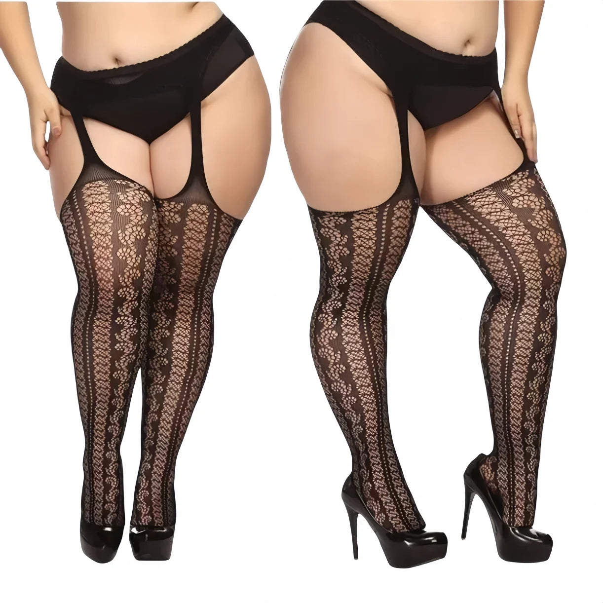 FREEAUCE Plus Size Women's Lace Floral Garter Belt Thigh High Pantyhose Stockings Over Knee Fishnets Mesh Socks Tights Leggings