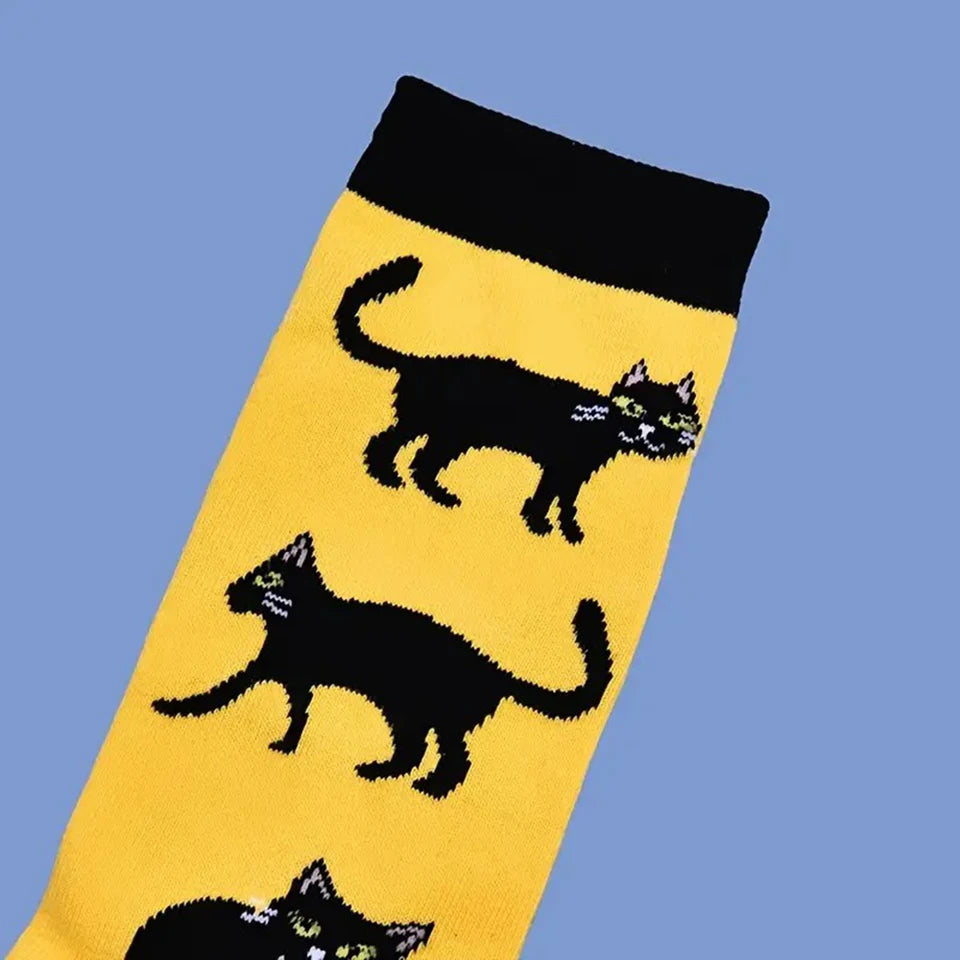 1/2 Pairs Cartoon Cat Pattern Men Cotton Mid Tube Socks Fashionable Printing Soft Comfortable Breathable Sports Leisure Socks