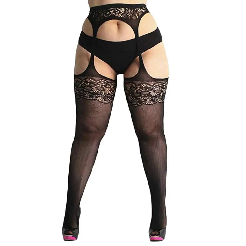 FREEAUCE Plus Size Women's Lace Floral Garter Belt Thigh High Pantyhose Stockings Over Knee Fishnets Mesh Socks Tights Leggings