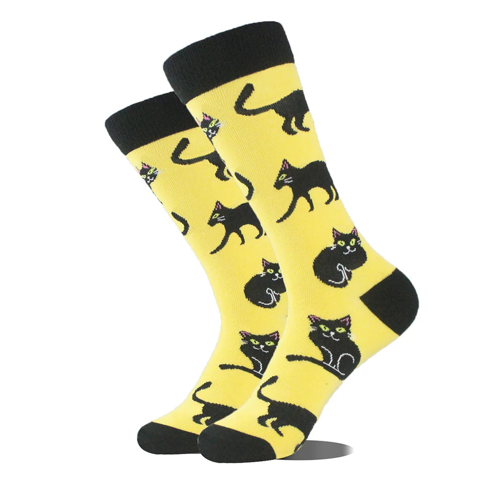1/2 Pairs Cartoon Cat Pattern Men Cotton Mid Tube Socks Fashionable Printing Soft Comfortable Breathable Sports Leisure Socks