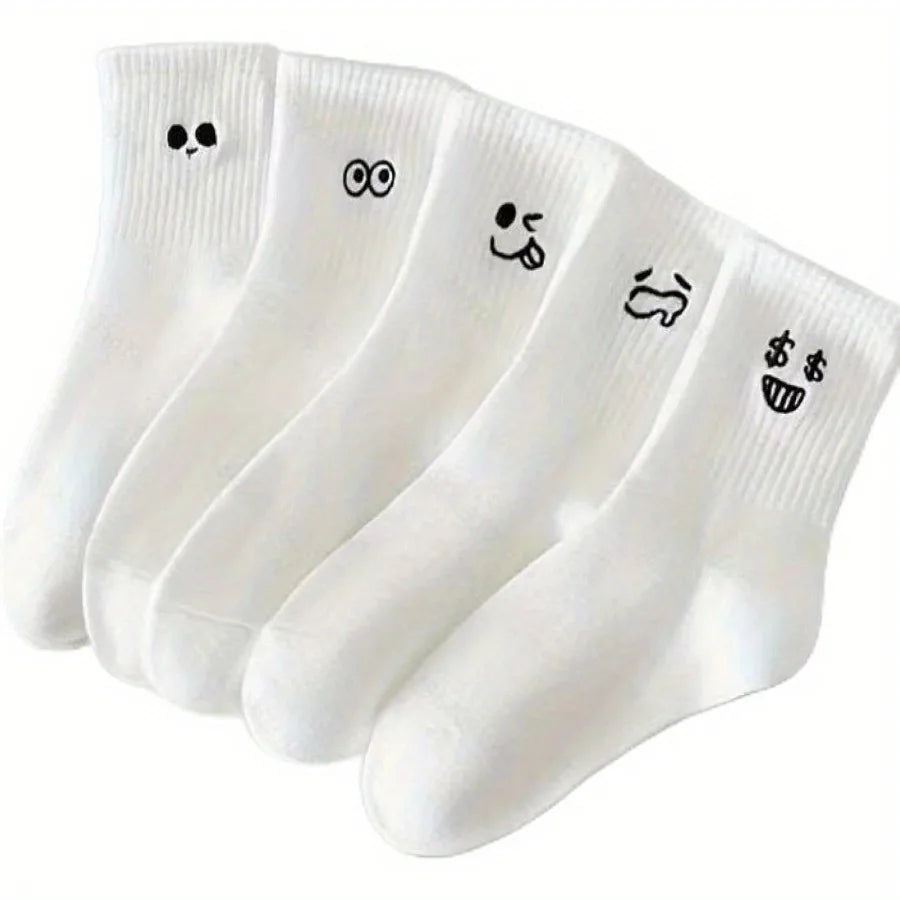 5 Pairs of White Emoji Socks with Fun Pattern Design, Suitable for Daily Casual and Formal Wear, Soft, Elastic, Solid Color